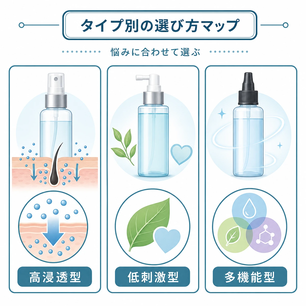 高浸透型と低刺激型と多機能型の育毛剤タイプの違いを並べた医療イラスト