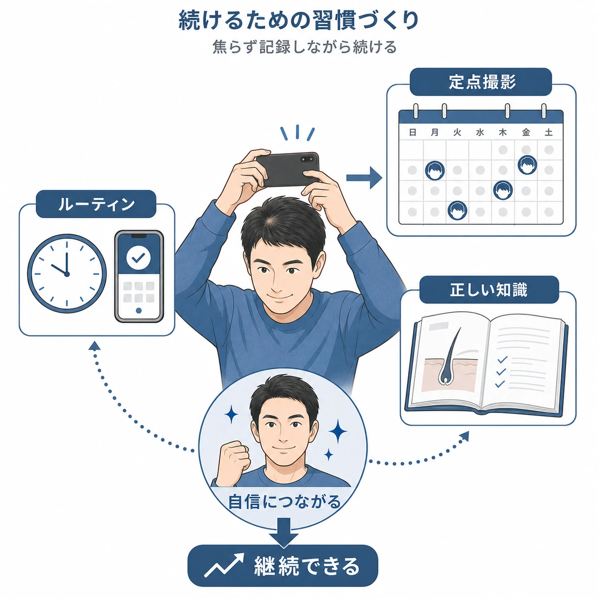 定点撮影とルーティンと知識で育毛ケアを続ける習慣を表した医療イラスト