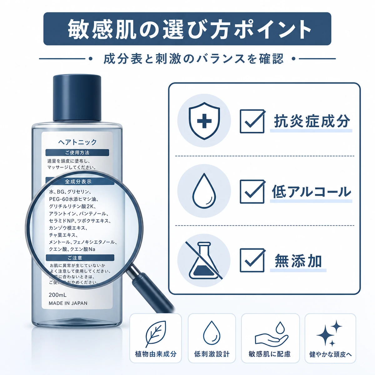 敏感肌の男性が育毛剤を選ぶときに確認したい成分チェックの要点を表した医療イラスト