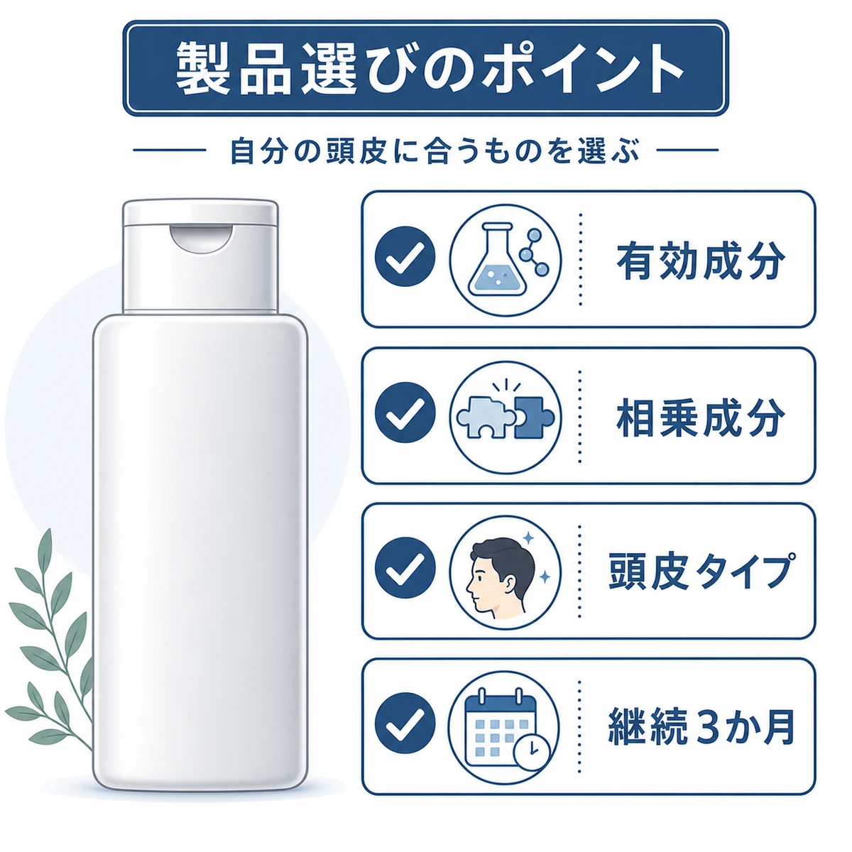 育毛シャンプーや育毛剤を選ぶときの確認ポイントをチェックリストで表した医療イラスト