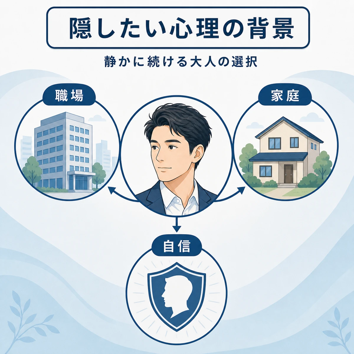 30代男性が育毛ケアを職場・家庭・自尊心の面から周囲に隠したい心理を表した相関イラスト