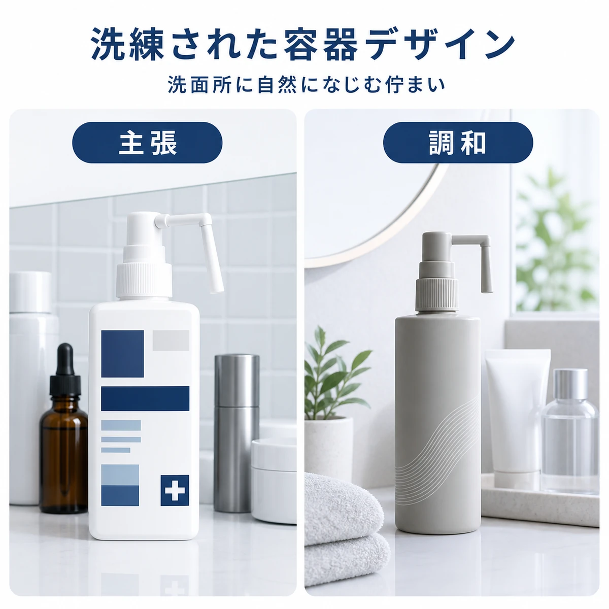 医薬品らしい容器と洗練された容器を並べ、洗面所になじむデザインを比べた比較イラスト