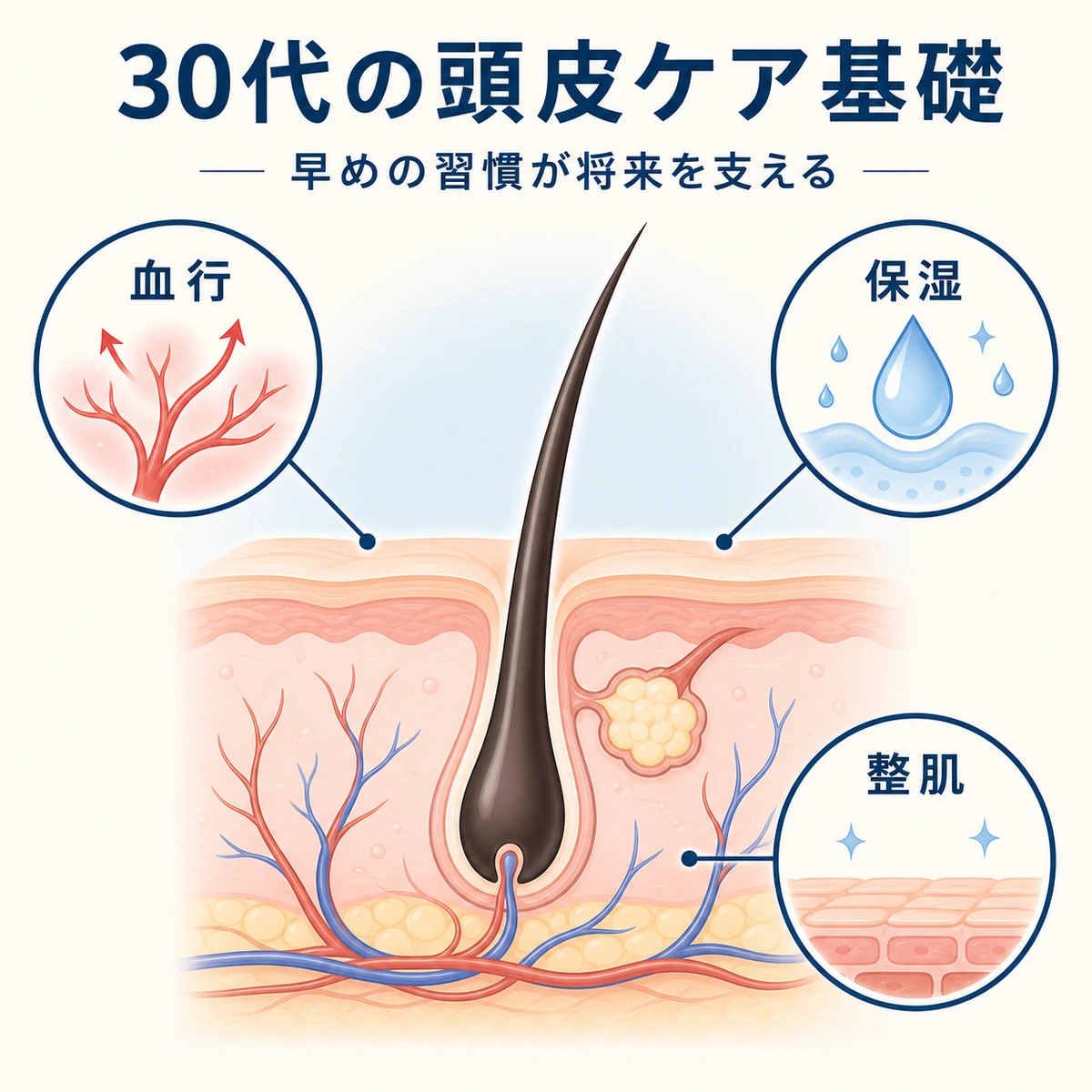 30代から始める頭皮ケアの基礎を頭皮の断面と有効成分の働きで描いた医療イラスト