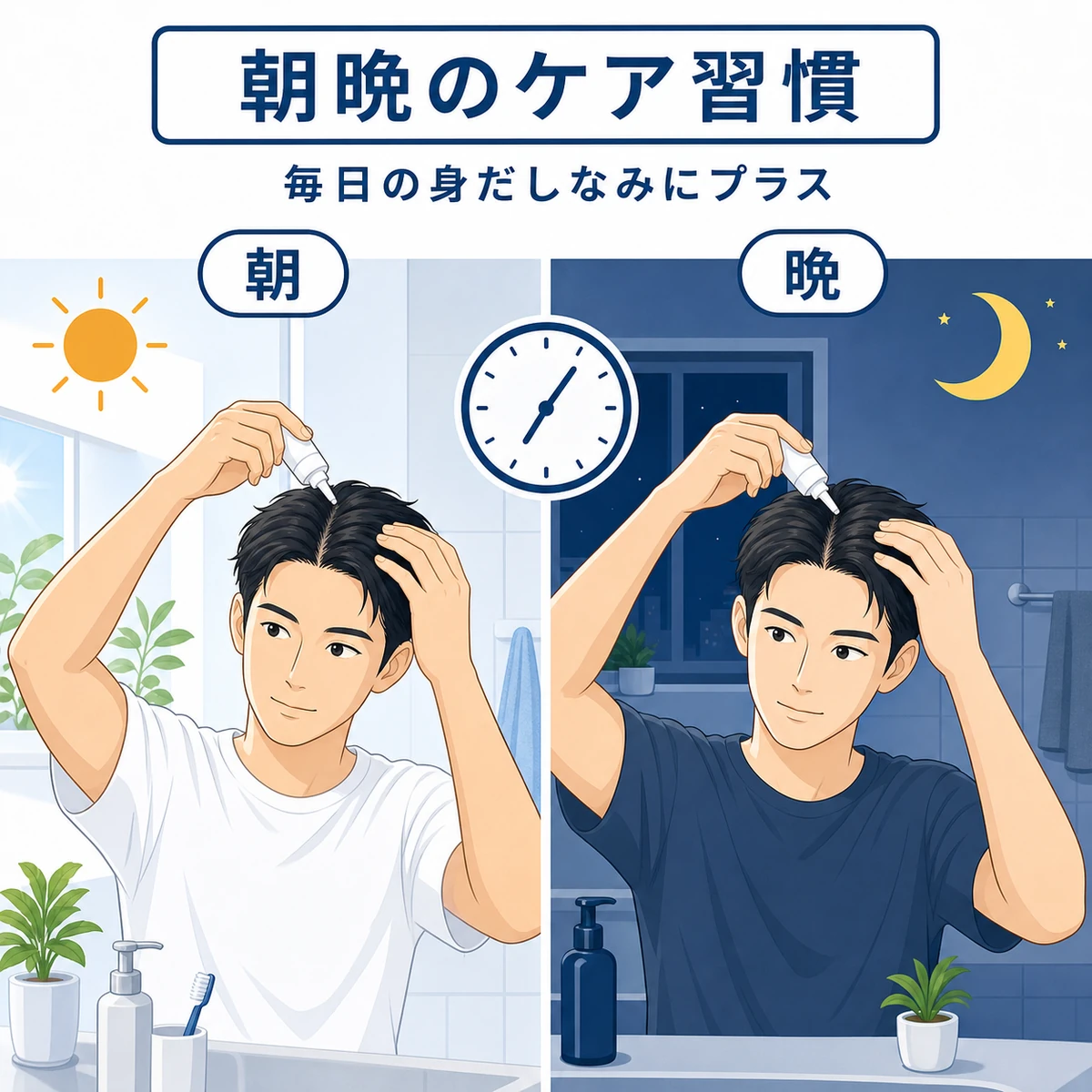 朝と晩のスキンケアに頭皮ケアを組み込む一日の習慣を描いたイラスト
