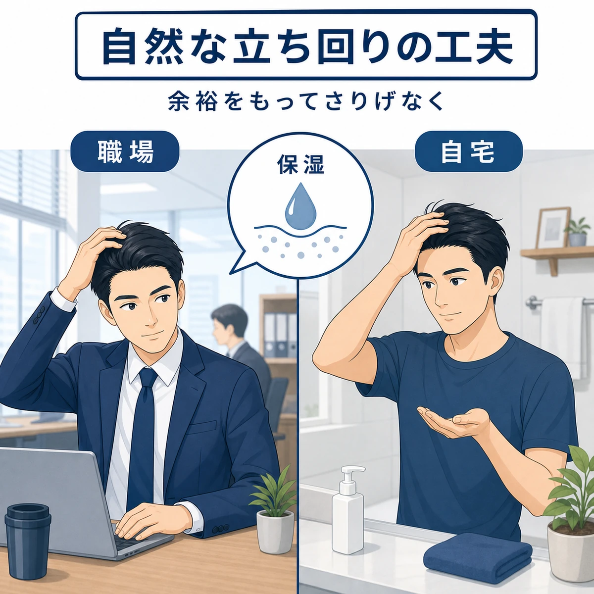 職場と自宅で成人男性がさりげなくケアを続ける立ち回りを描いたイラスト