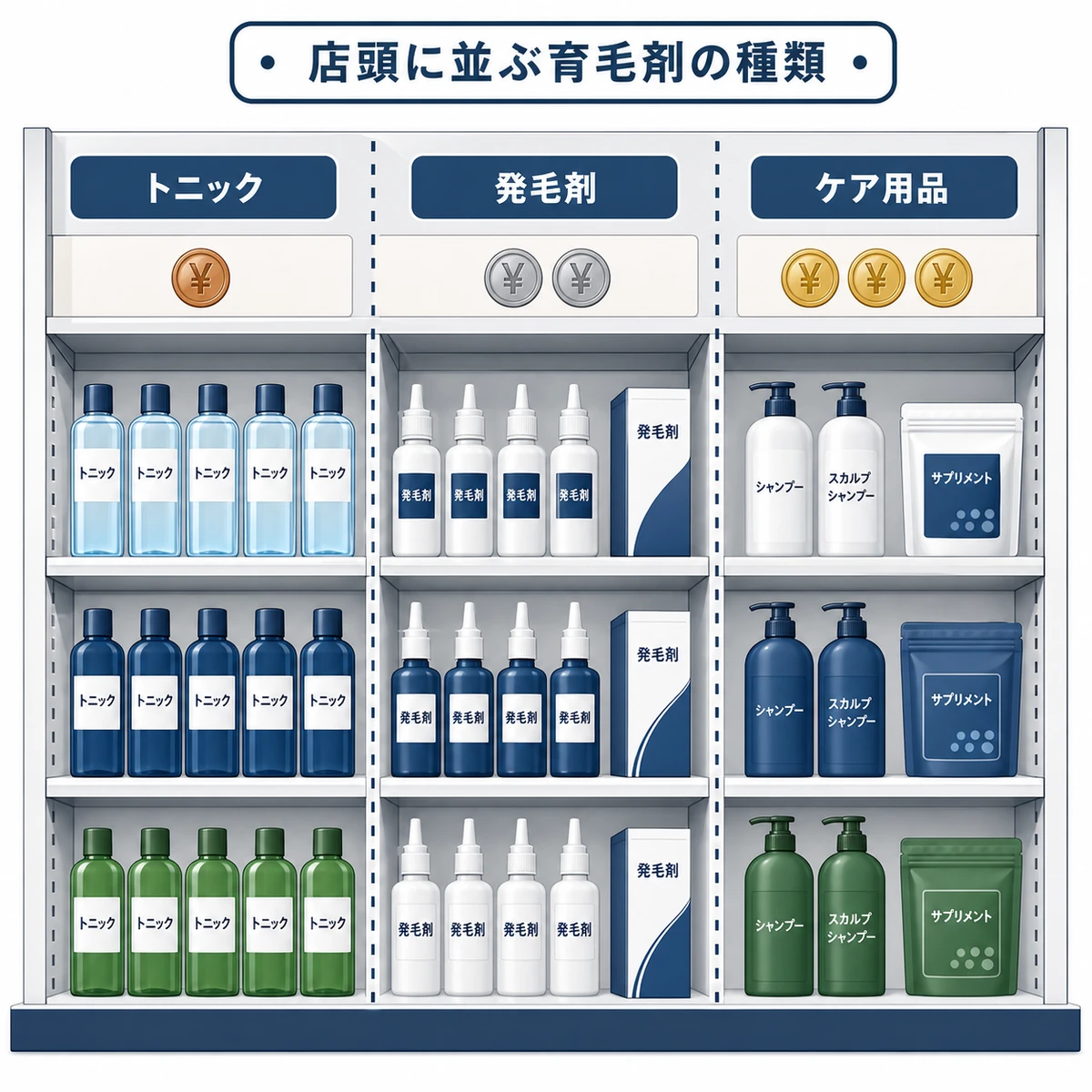 ディスカウントストアの棚に並ぶ育毛剤を種類別に分類した図解イラスト