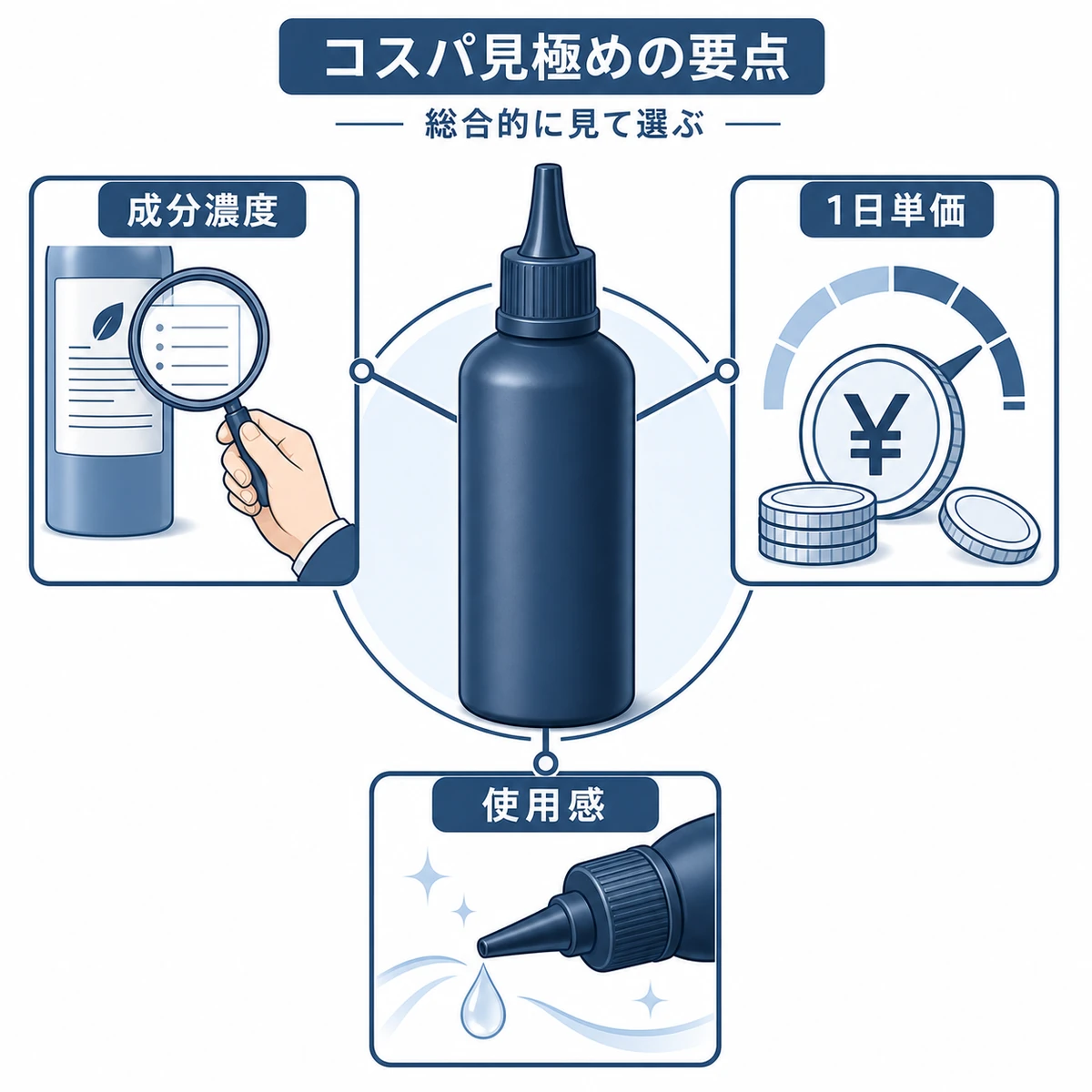 市販育毛剤のコスパを見極める3つの要点を並べた図解イラスト