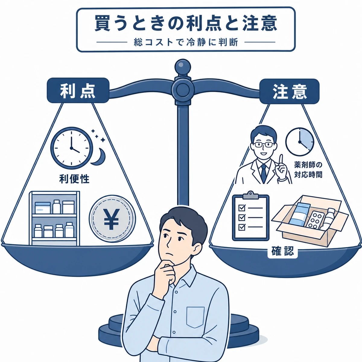 ディスカウントストアで育毛剤を買う利点と注意点を天秤で比べた図解イラスト