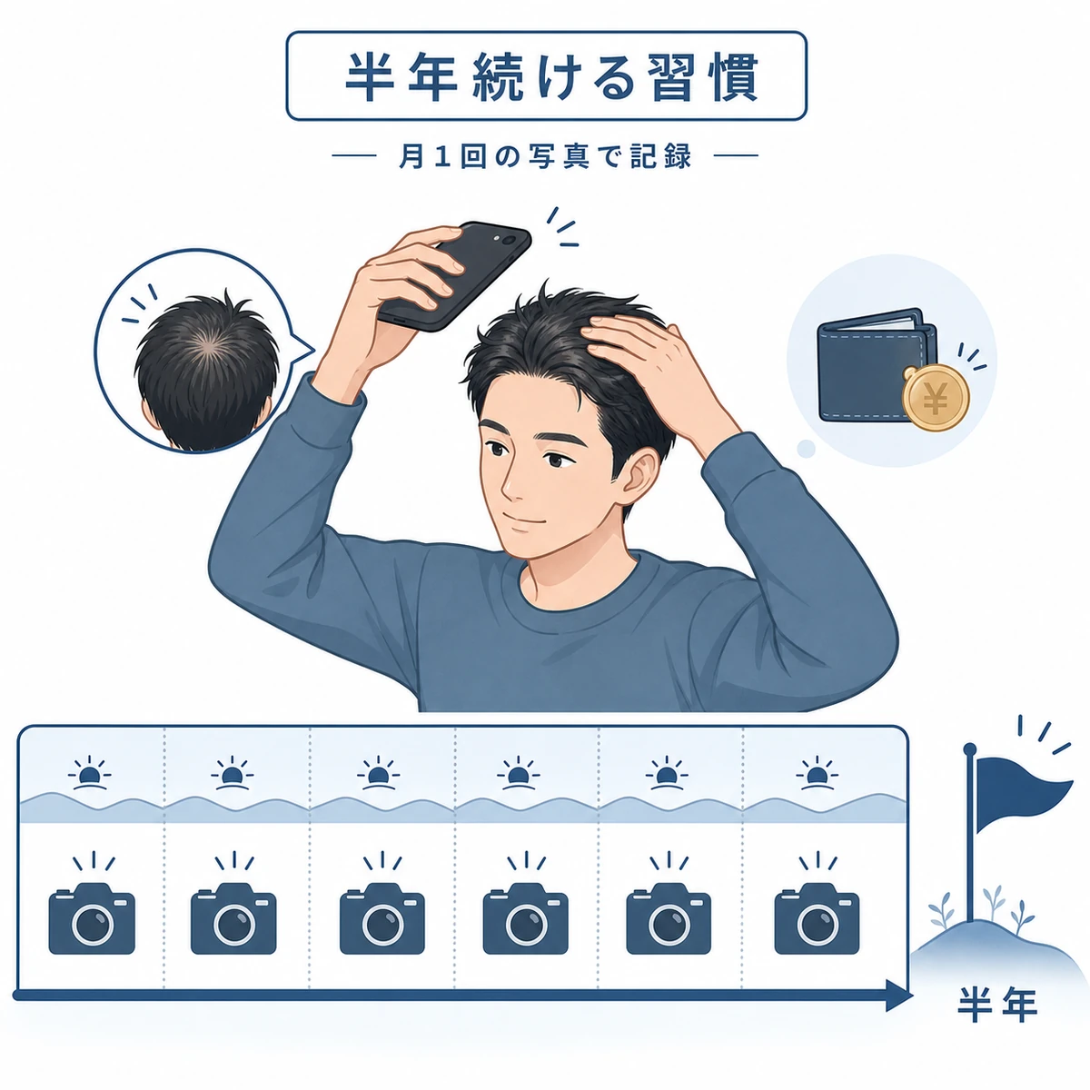 市販育毛剤を半年間続けて頭皮を記録する習慣を表した図解イラスト