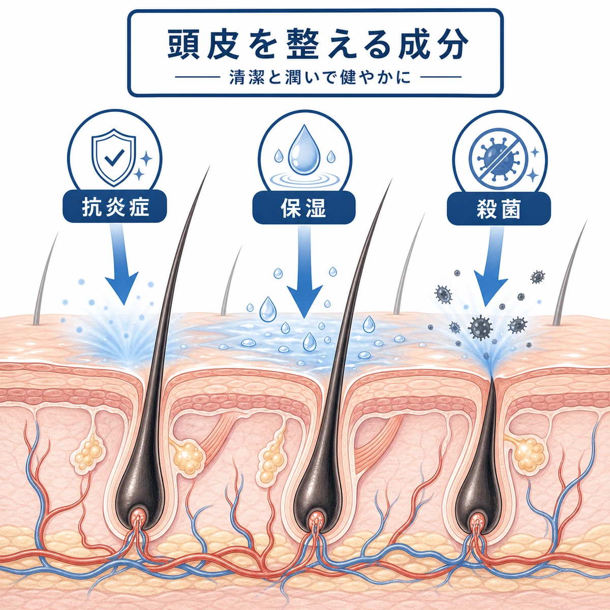 サポート成分が頭皮の土台を整えるしくみを描いた頭皮断面の解説イラスト