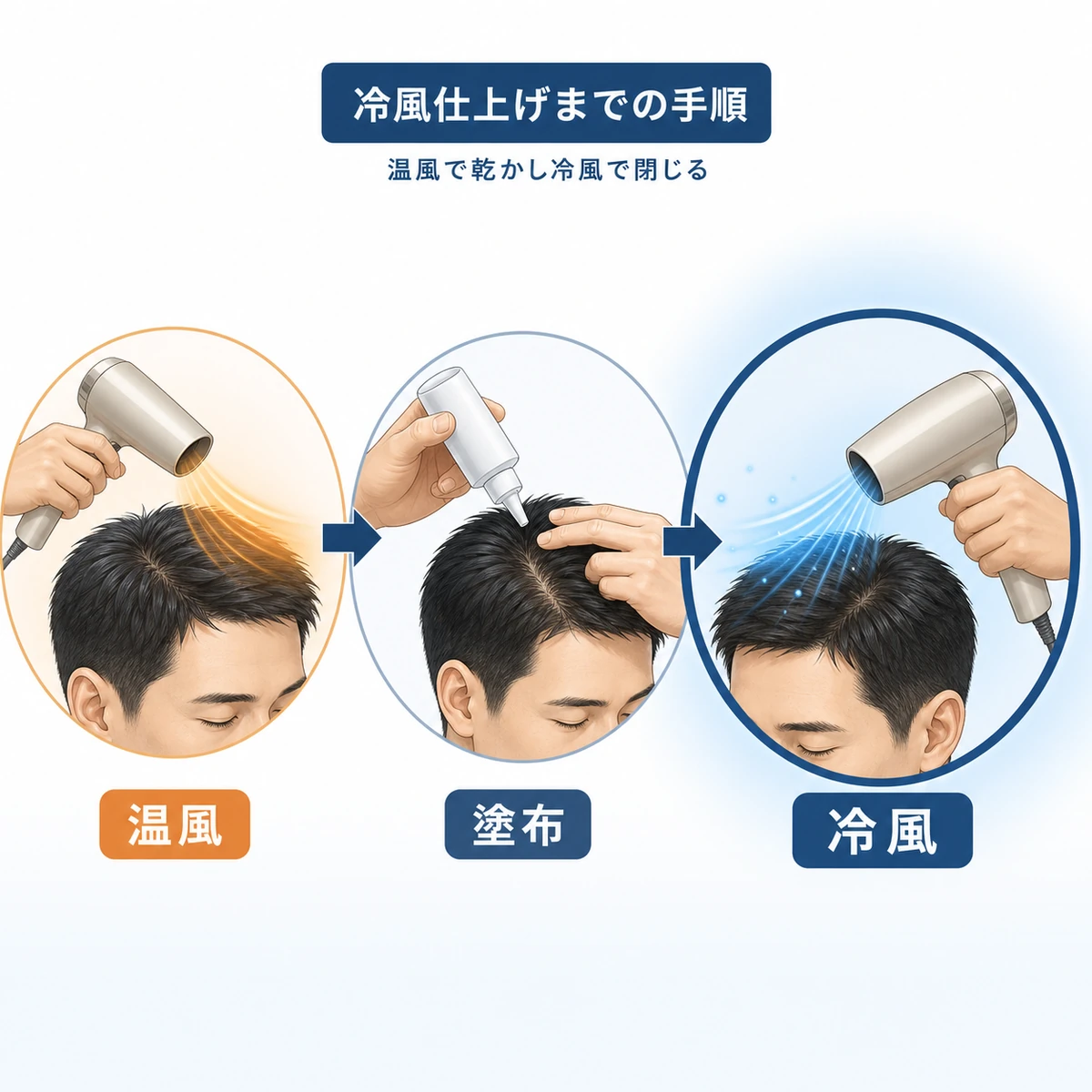 温風で乾かし育毛剤を塗り冷風で仕上げる正しいドライヤー手順の流れを表した医療イラスト
