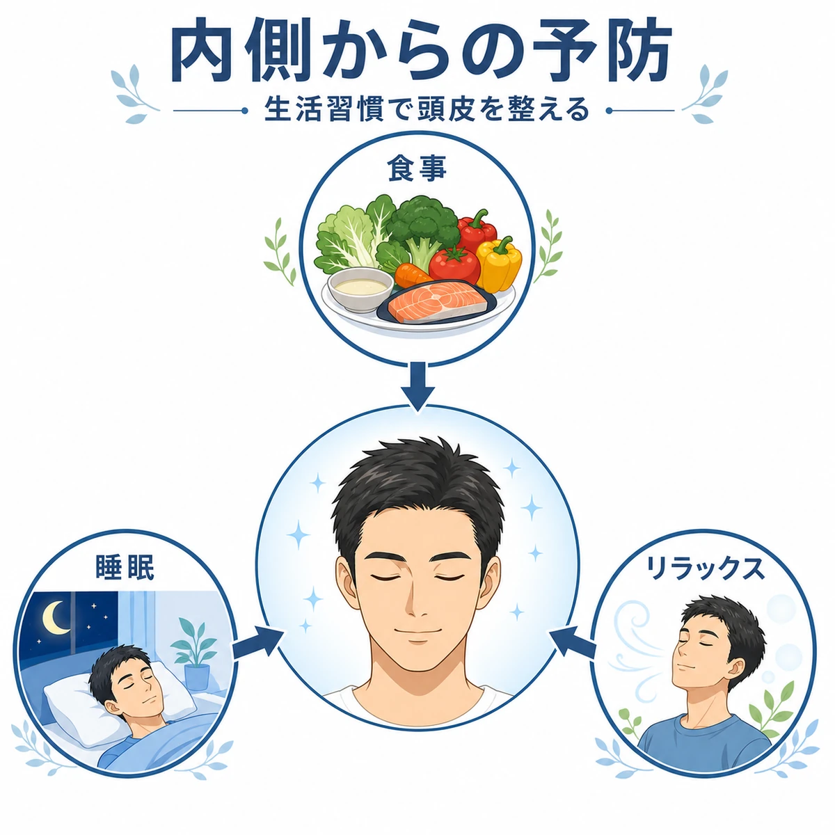食事と睡眠とリラックスの生活習慣が頭皮のコンディションを支える関係を表した医療イラスト