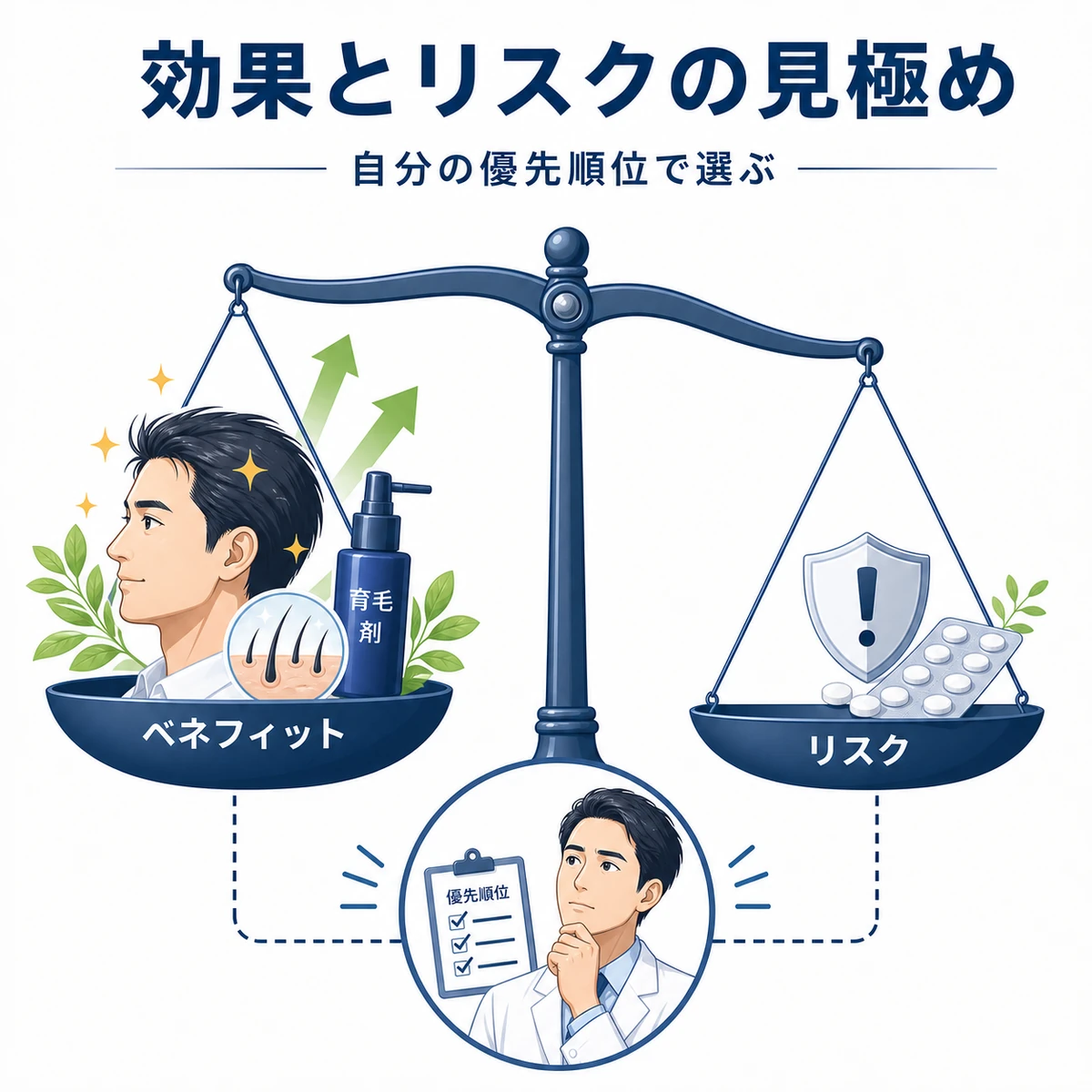 治療の効果とわずかな副作用リスクを天秤で比べる考え方を表した医療イラスト