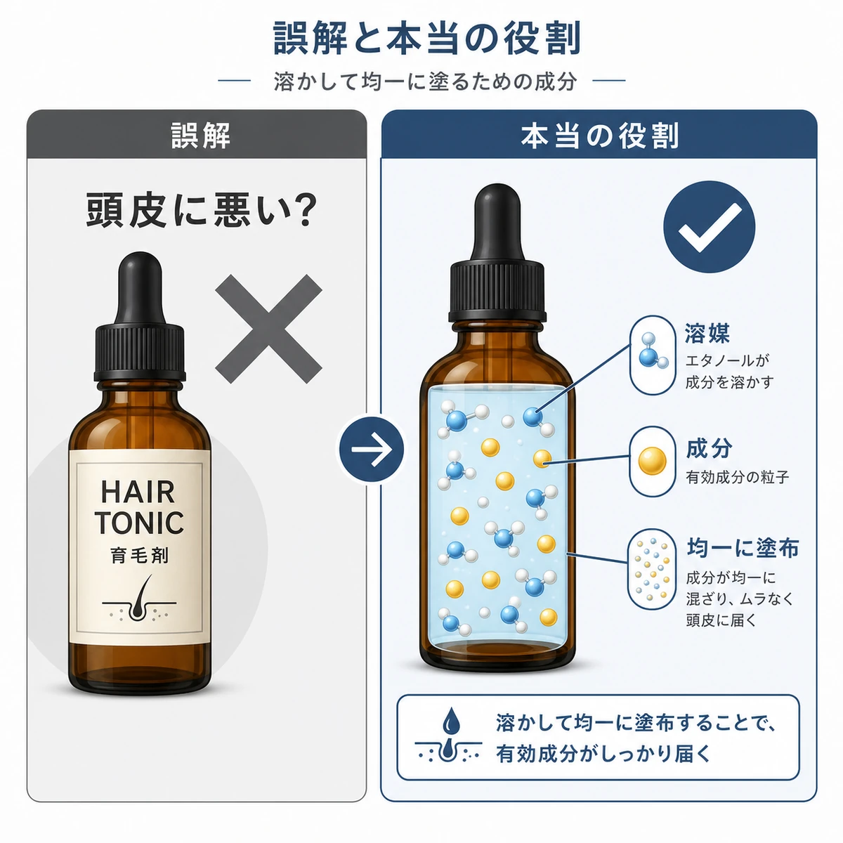 エタノール配合は頭皮に悪いという誤解と、有効成分を溶かし均一に塗るための成分という本当の役割を左右で対比した医療イラスト