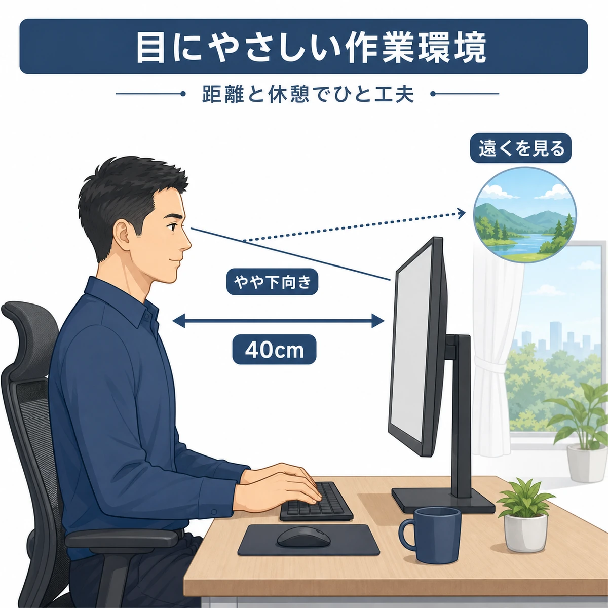 モニターとの距離や視線の角度など目にやさしい作業環境を示した医療イラスト