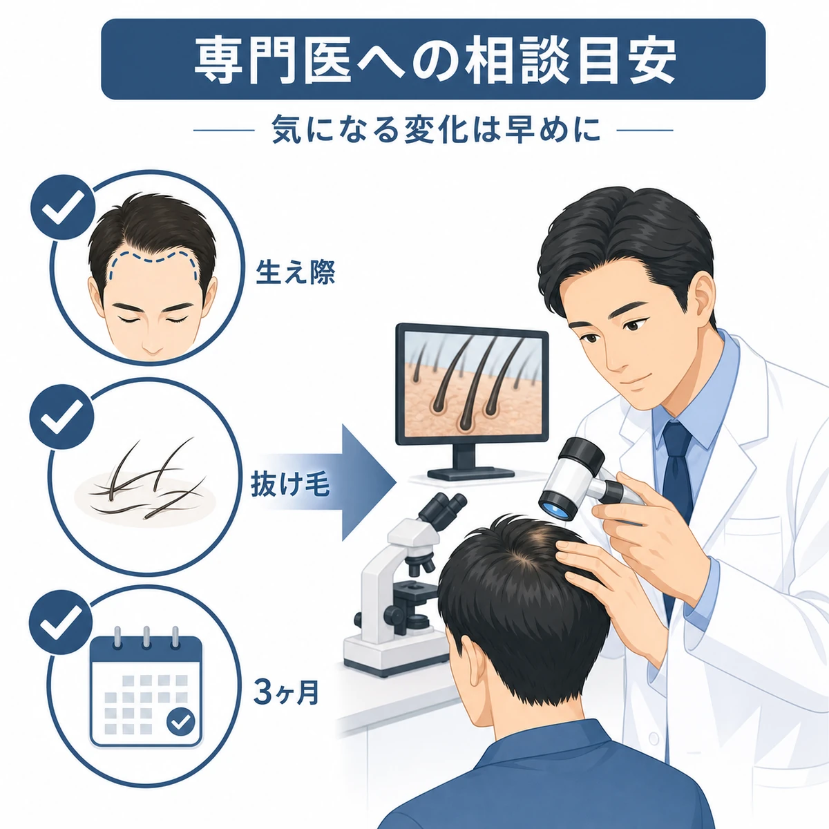 抜け毛の変化のサインと専門医への相談の目安を示した医療イラスト