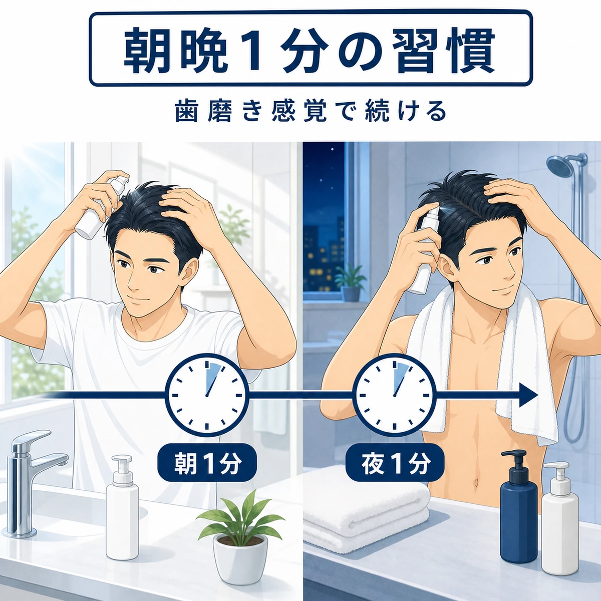 朝と夜に各1分で行う育毛ケアの流れを示した医療イラスト