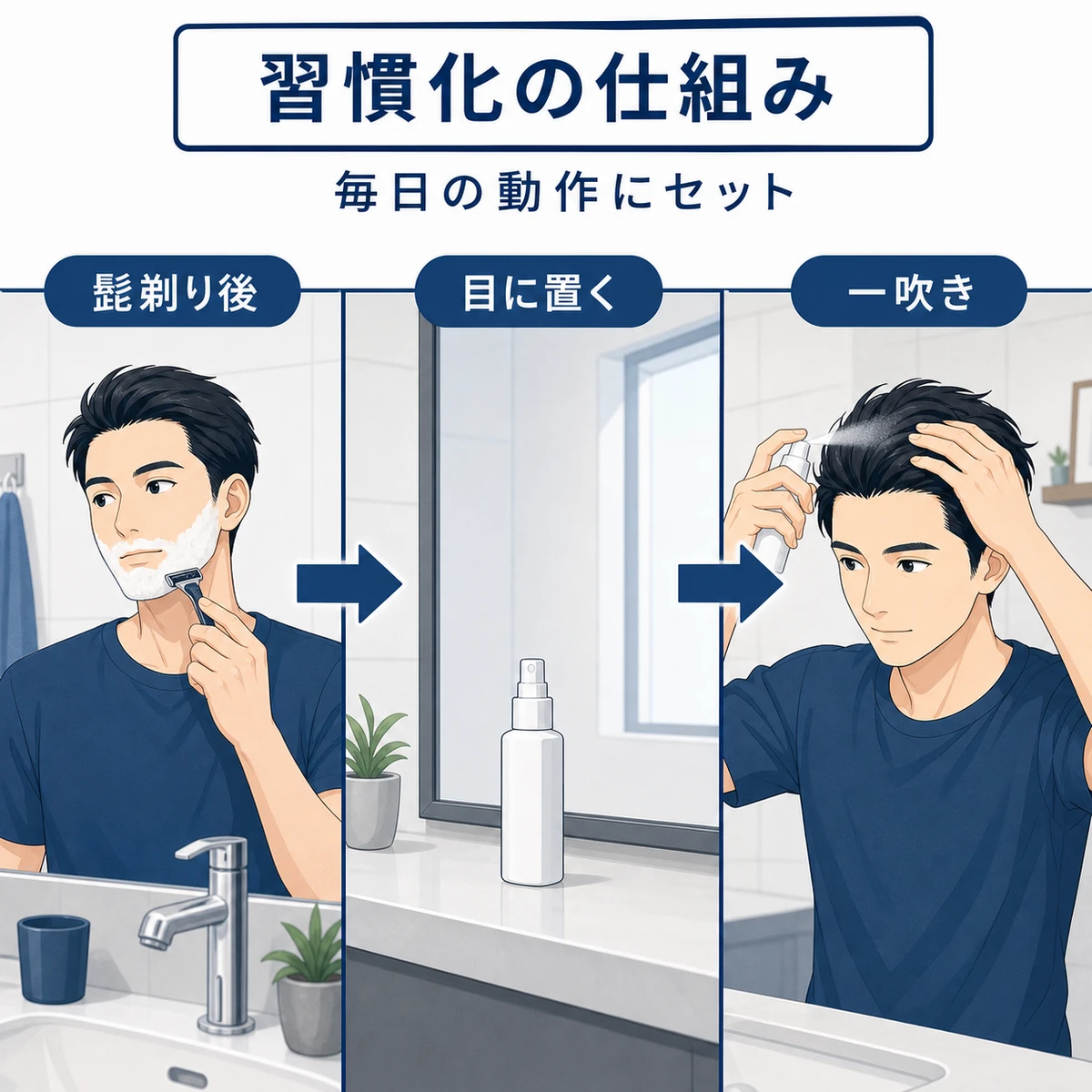 既存の習慣に育毛ケアを紐付けて続ける流れを示した医療イラスト