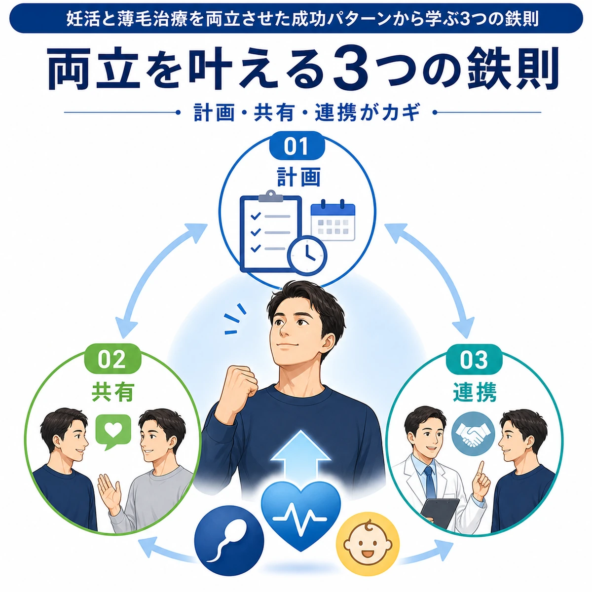 妊活と薄毛治療を両立させるための計画・共有・連携の3つの鉄則を段階的に表した医療イラスト