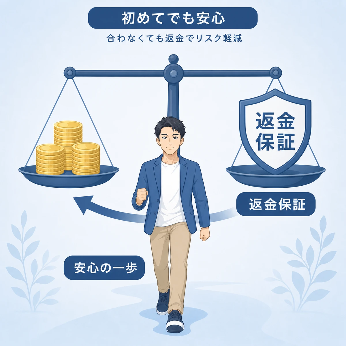 返金保証が金銭面の不安を支え初めての一歩を後押しする様子を天秤で表した医療イラスト