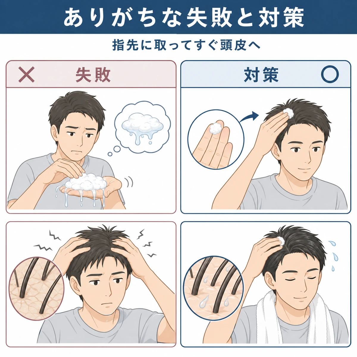 泡タイプ育毛剤のありがちな失敗と正しい対策を左右で対比した医療イラスト