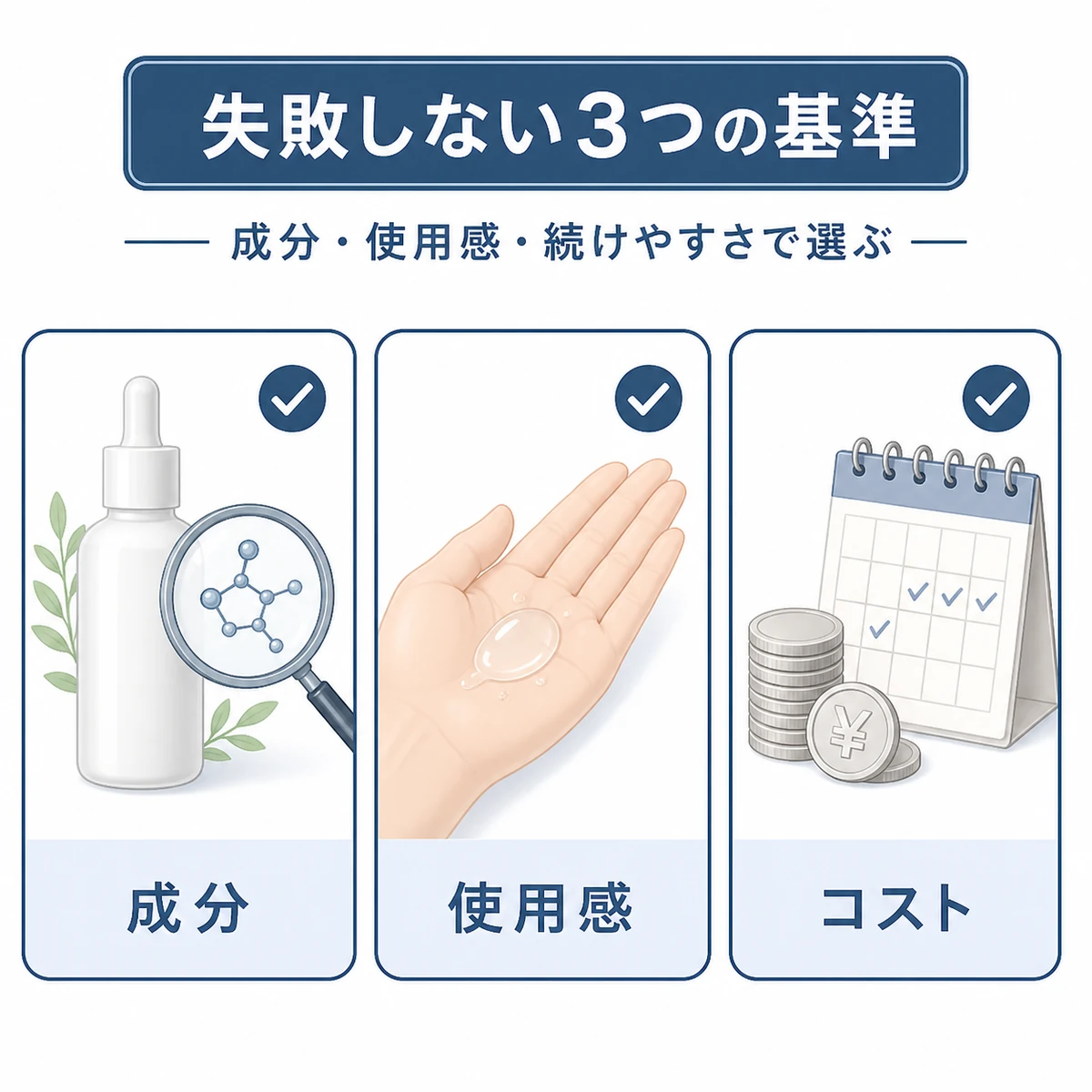 無香料無着色の育毛剤を成分と使用感とコストの3つの基準で選ぶ判断ポイントを表した医療イラスト