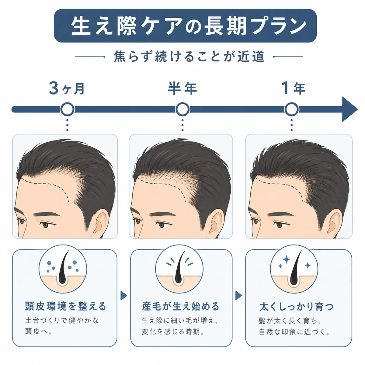 地肌ケアから髪が育つまでの長期的な変化を時間軸で表した医療イラスト