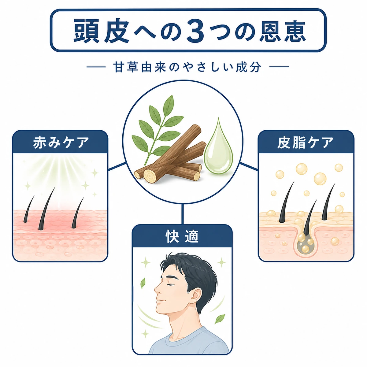甘草由来のグリチルリチン酸2Kが男性の頭皮にもたらす鎮静・皮脂ケア・快適さを表した医療イラスト