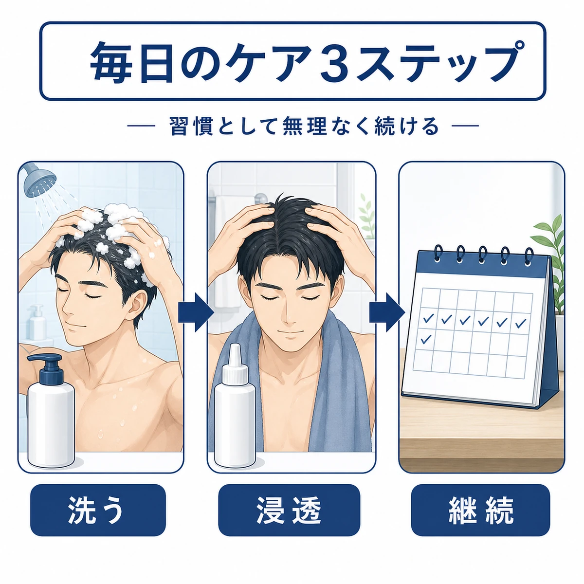 薬用シャンプーからローション浸透と継続までの頭皮ケア手順を段階で表した医療イラスト