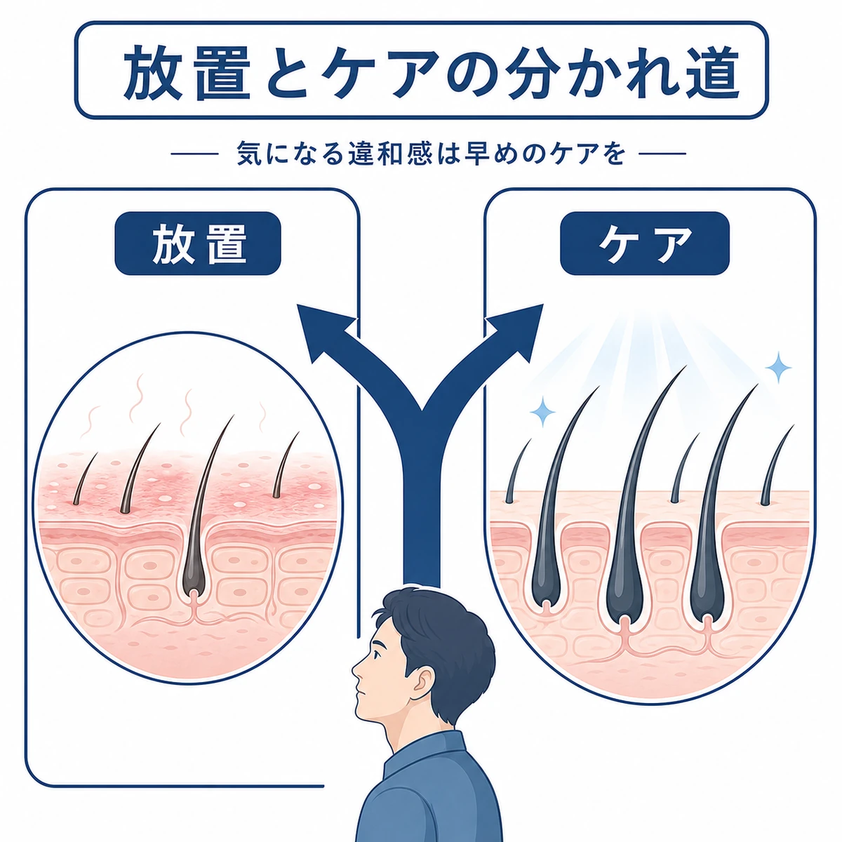 頭皮の不快感を放置した場合と早めにケアした場合の将来を対比で表した医療イラスト