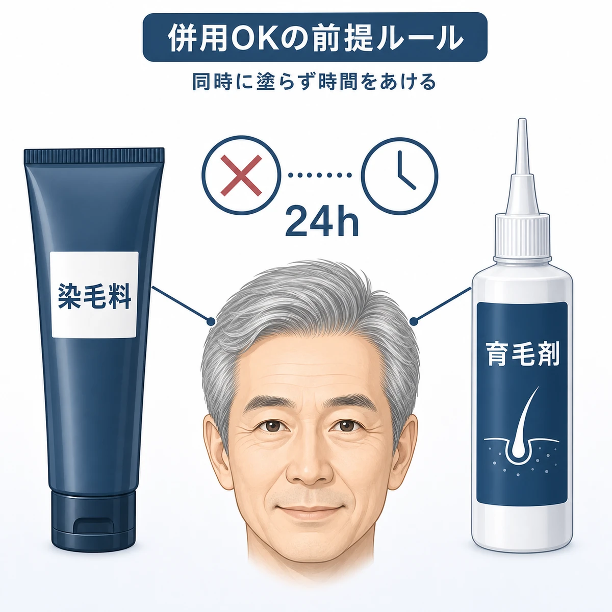 白髪染めと育毛剤を安全に併用するための基本ルールを表した医療イラスト