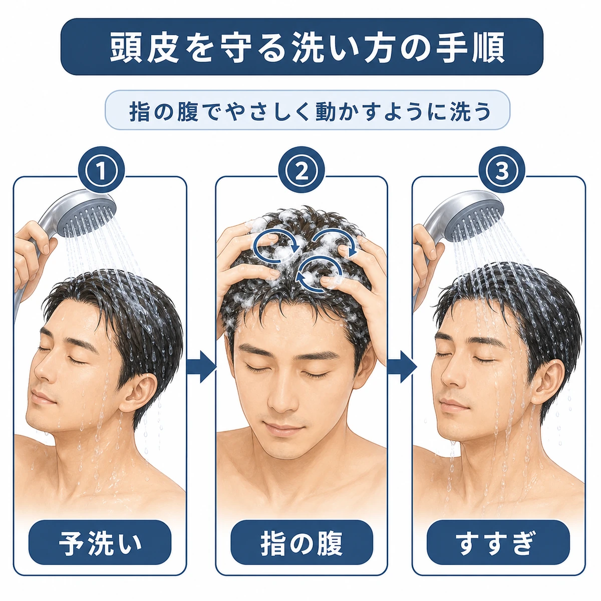 運動後の正しいシャンプーの手順を予洗いから洗い方すすぎまで段階的に表した医療イラスト