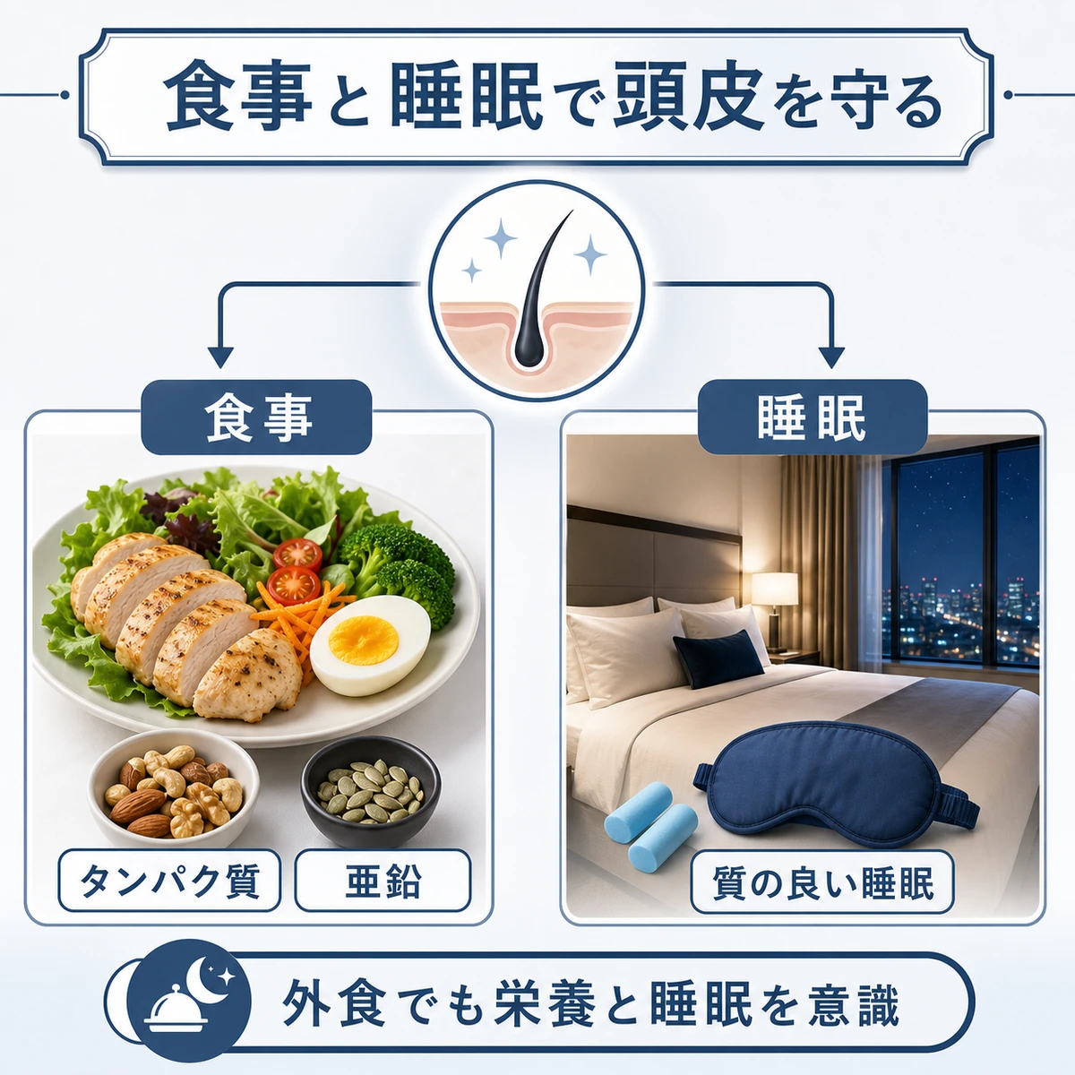 頭皮に良い食事と睡眠の工夫を対比した医療イラスト