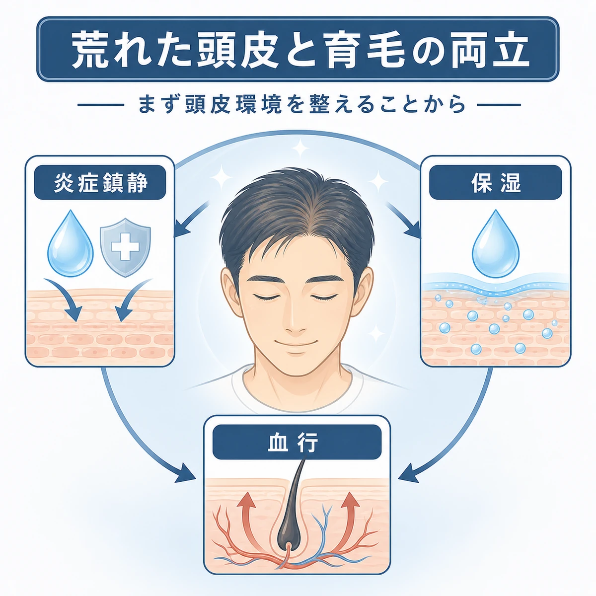 荒れた頭皮でも抗炎症と保湿、血行の働きで育毛を支える仕組みを表した医療イラスト