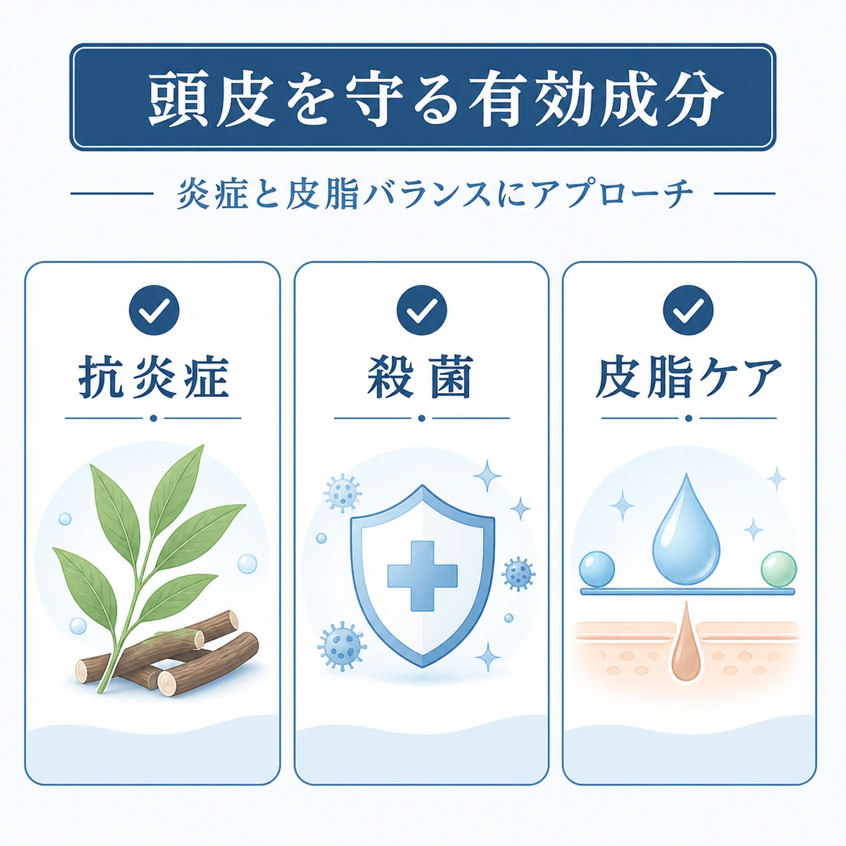 脂漏性皮膚炎の頭皮に役立つ抗炎症や殺菌、皮脂ケアの有効成分を並べた医療イラスト