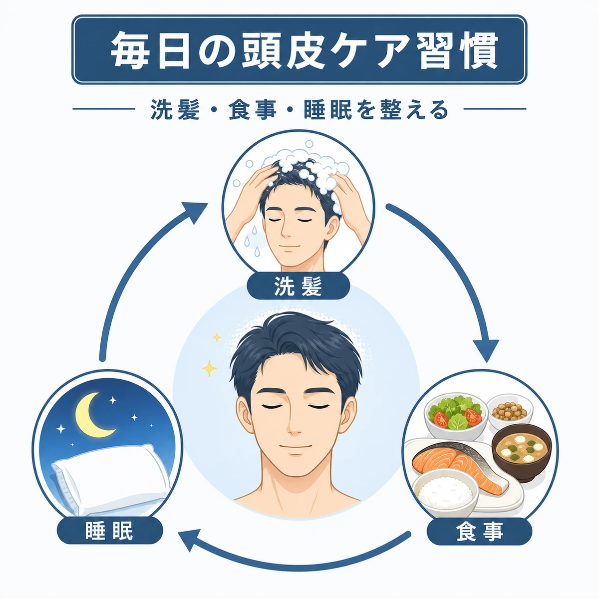 優しい洗髪と食事、睡眠で頭皮環境を整える毎日の習慣サイクルを表した医療イラスト