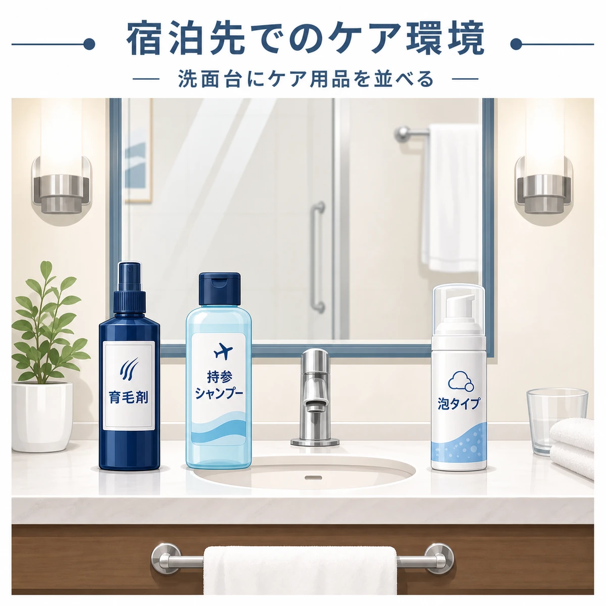 ホテルの洗面台に育毛剤や持参シャンプーを並べた宿泊先でのケア環境を表した医療イラスト