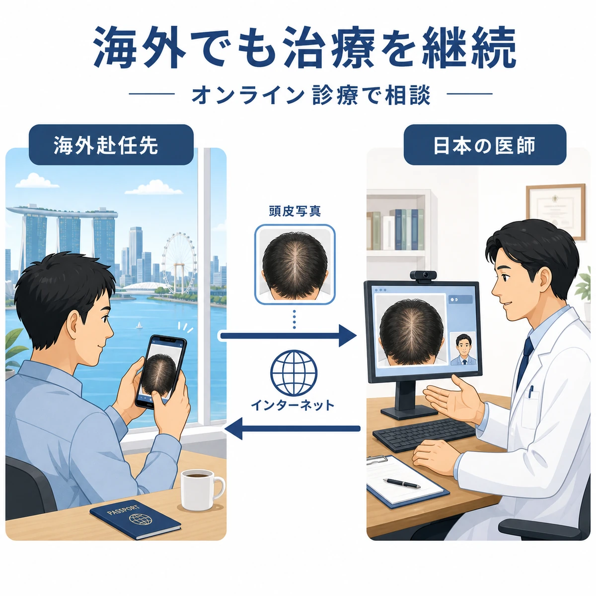 海外赴任先からオンライン診療で日本の医師に頭皮写真を送り育毛治療を続ける様子を表した医療イラスト