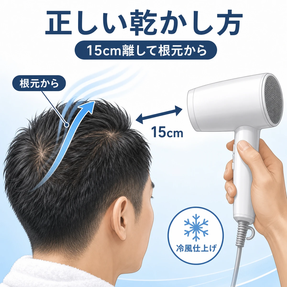 男性がドライヤーを15cm離し根元から乾かす正しい使い方を表した医療イラスト