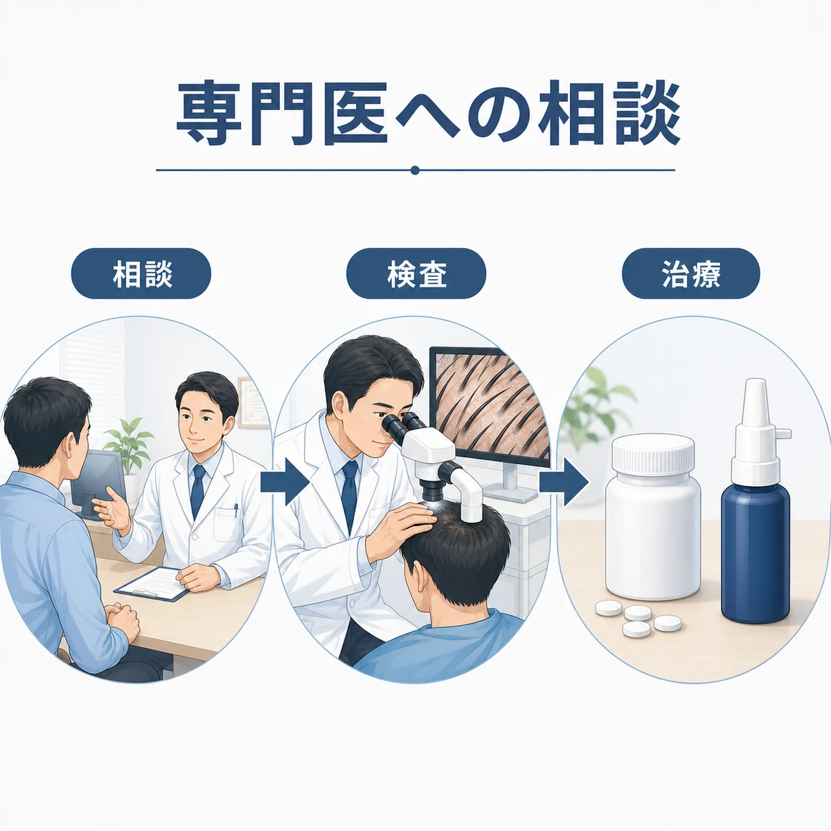 専門医への相談から検査、治療までの流れを段階的に表した男性向けの医療イラスト