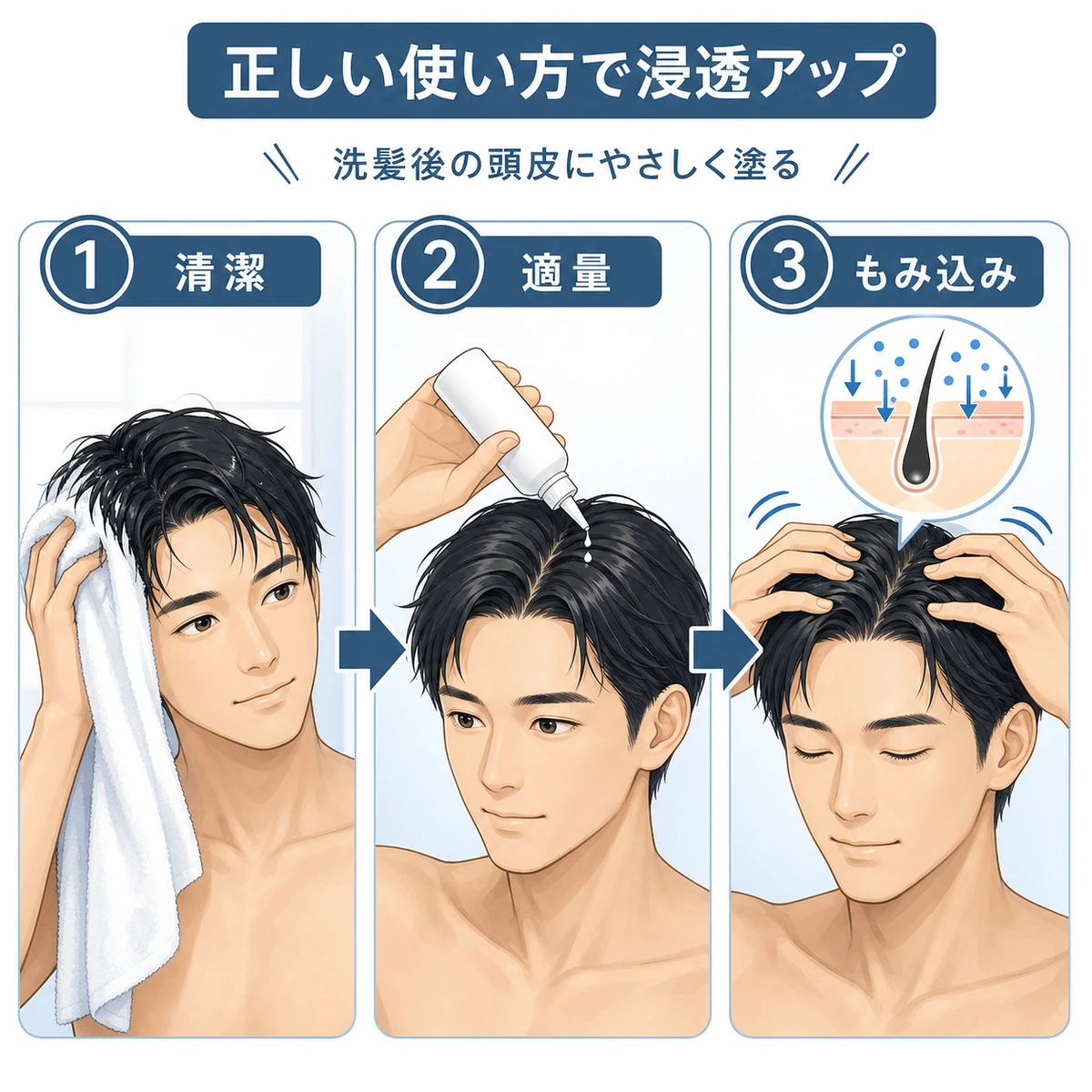 洗髪後に育毛剤を塗りマッサージするまでの正しい使い方の手順を表した医療イラスト