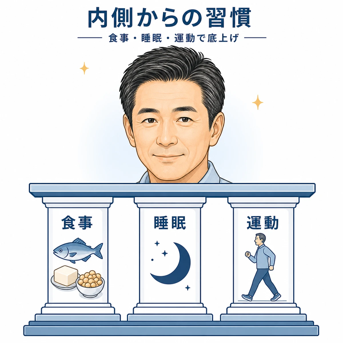 食事と睡眠と運動が髪を内側から支える習慣を表した医療イラスト