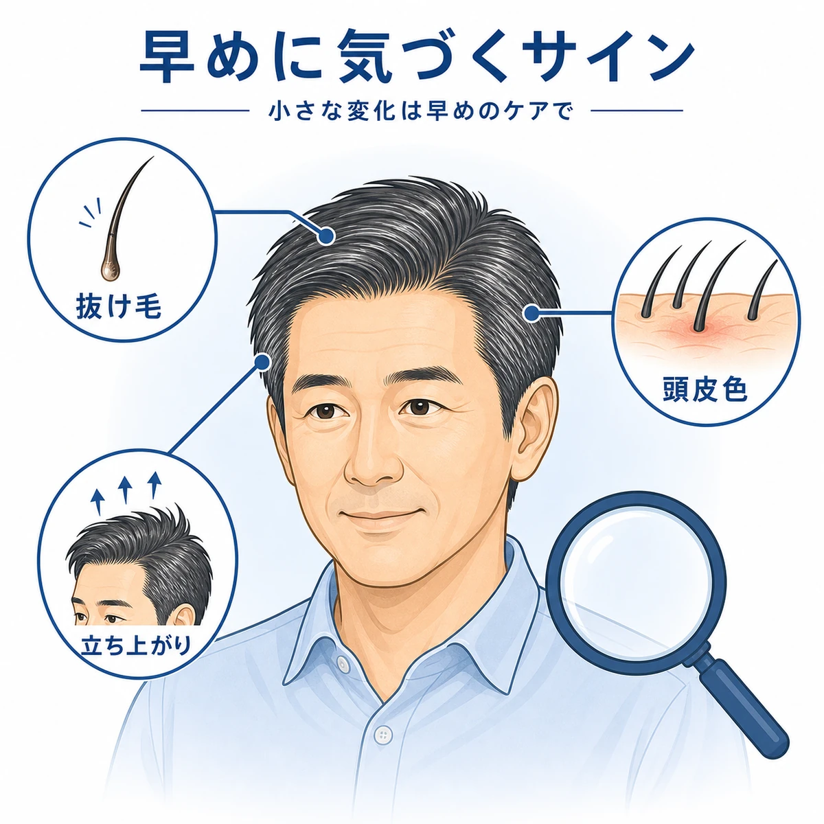 50代の薄毛の進行サインを早めに見つける観察ポイントを表した医療イラスト
