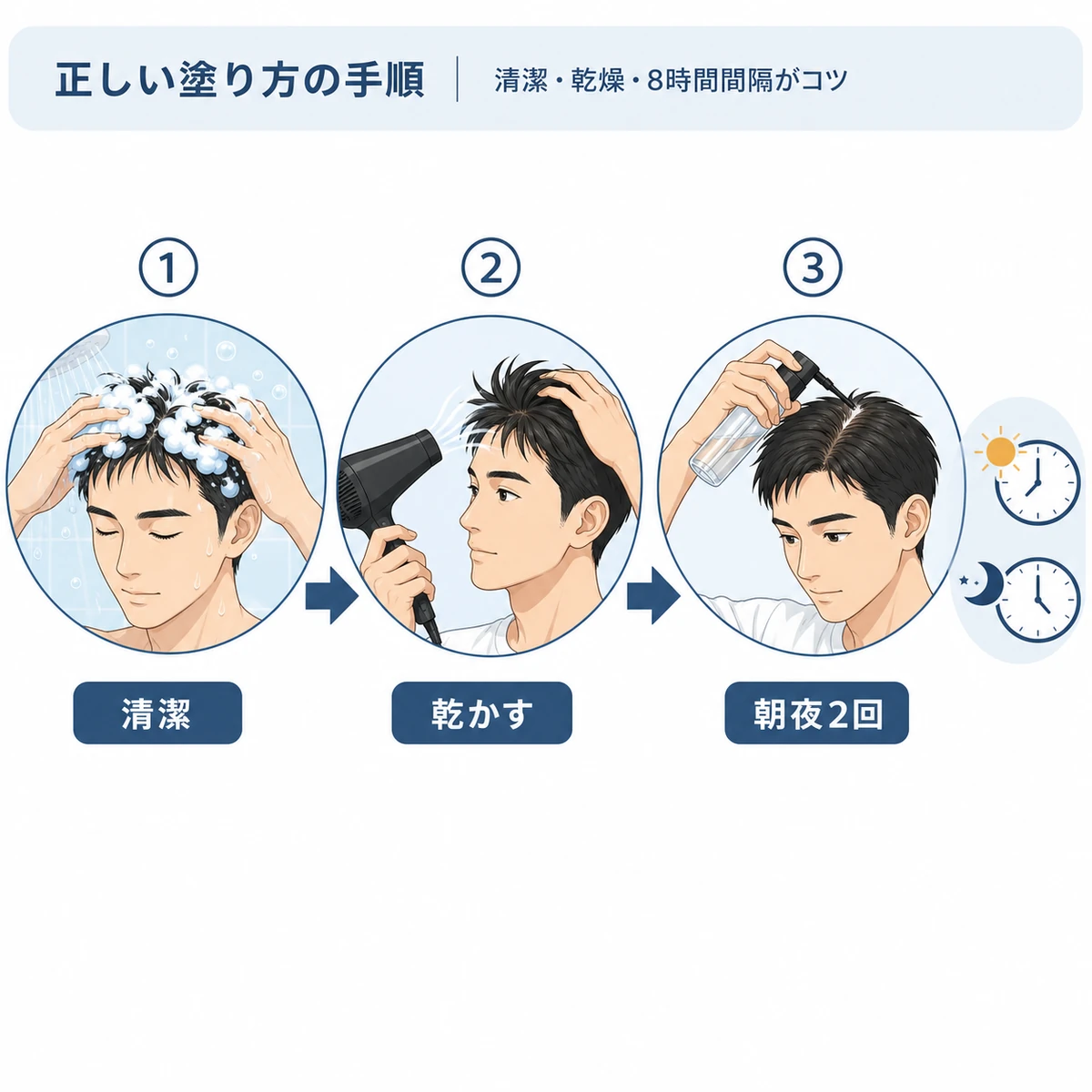 洗髪後に頭皮を乾かして朝夜2回塗る育毛剤の正しい塗り方の手順を表した医療イラスト