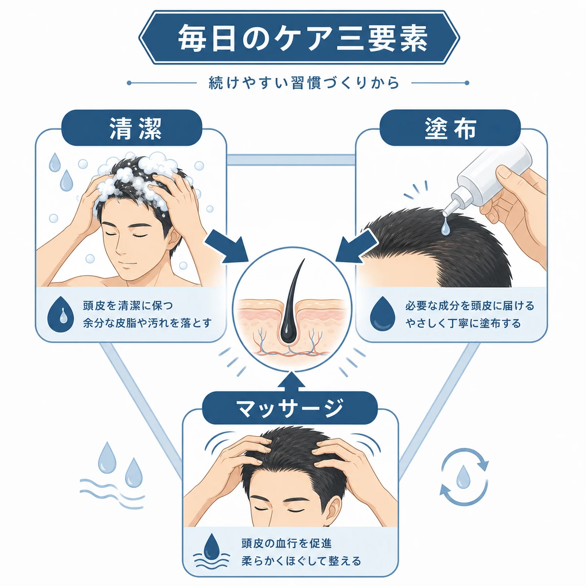 清潔な頭皮への塗布とマッサージなど育毛剤の使い方の要点を表した医療イラスト