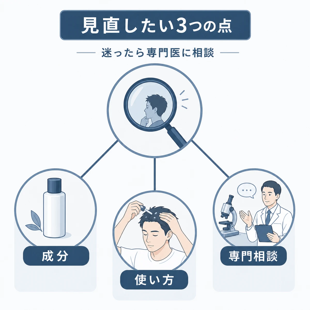 成分や使い方の再確認と専門医相談という見直しの選択肢を表した医療イラスト