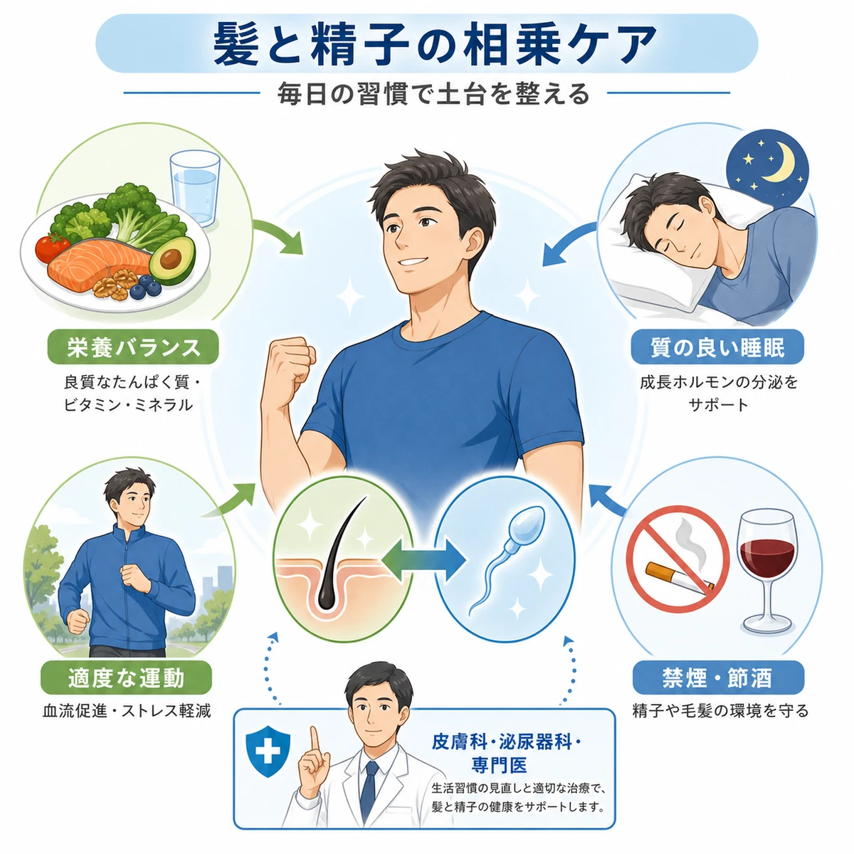 栄養や睡眠などの生活習慣が髪と精子の両方に良い相乗効果を与えることを表した医療イラスト