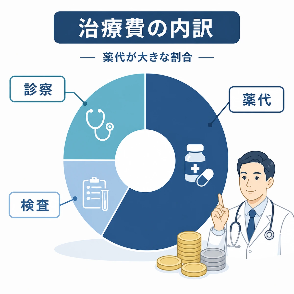 AGAクリニックの治療費を診察料・薬代・検査費の内訳で示した円グラフ風の医療イラスト