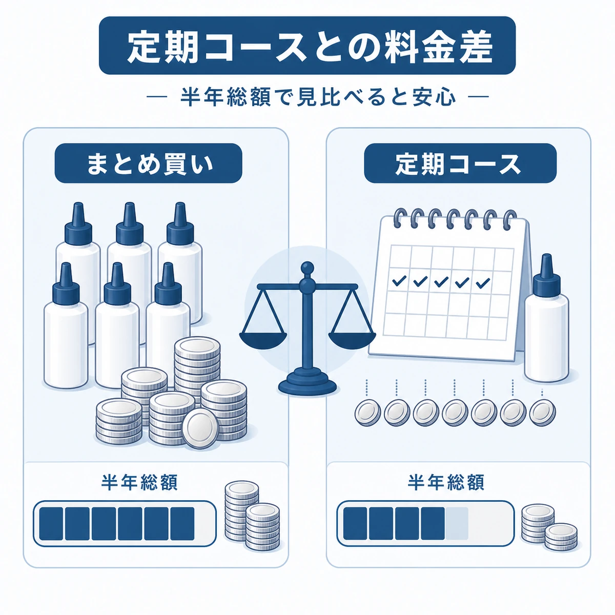 まとめ買いと定期コースの半年コストを天秤で見比べた料金比較の医療系図解イラスト