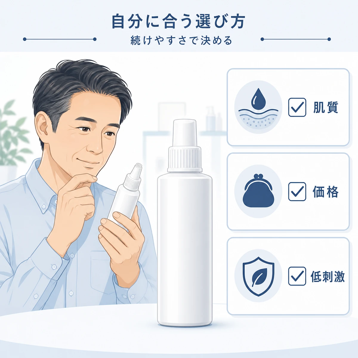 成人男性が無地のボトルと選定ポイントを見比べて育毛剤を選ぶ様子を表したイラスト